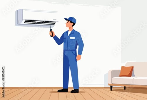 A repairman in blue overalls is inspecting an air conditioner unit with a screwdriver in a room