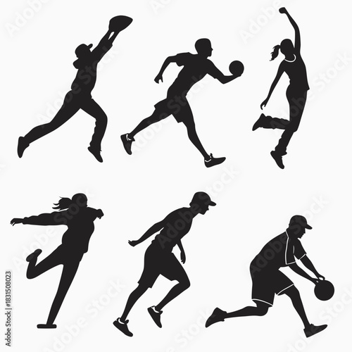 Six black sports action silhouettes on white vector