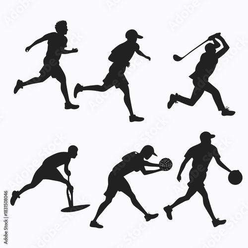 Six Black Sports Silhouettes on White Background action