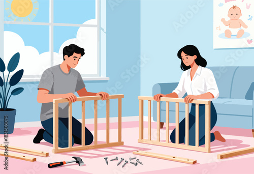A couple assembles a baby crib in a sunlit room, with tools and components scattered. A crib assembly illustration is on the wall
