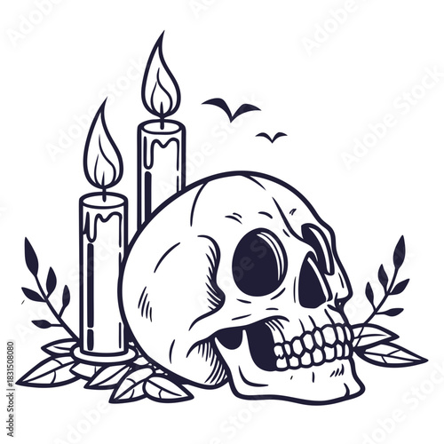 Skull and burning candles with leaves and birds silhouette