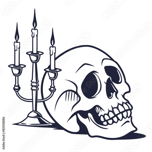 Skull and candle holder silhouette on white background