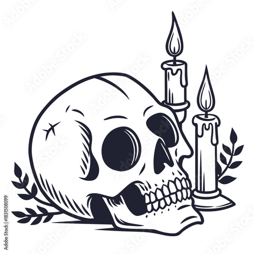 Skull and lit candles with leafy branches silhouette