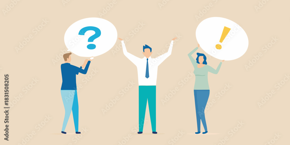 Obraz premium People holding question and exclamation marks in speech bubbles