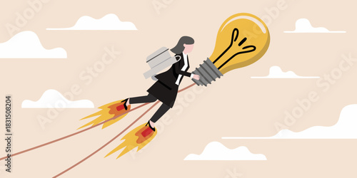 Businesswoman with jetpack flies with a giant lightbulb