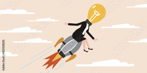 Businesswoman with lightbulb head riding a rocket