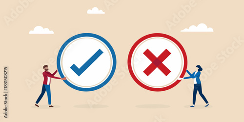 Man and woman holding yes and no symbols