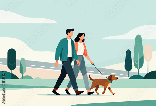 Illustration of a couple walking their dog in a park. Pastel colors, trees, road, and minimalist style