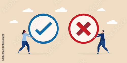 People holding checkmark and cross symbols representing choices