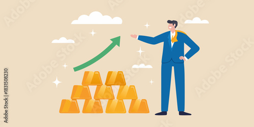 Businessman with gold bars and upward growth arrow