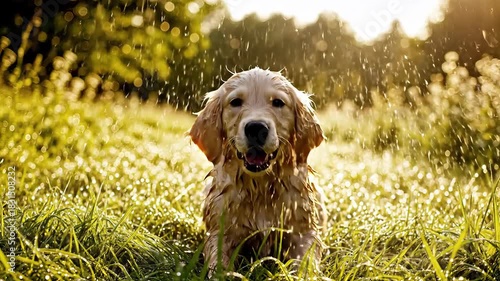 Golden Retriever Puppys Joyful Playtime A Wet and Wild Adventure in the Summer Sun Sparkling Water Sprinklers and Lush Green Grass Capturing the Essence of Canine Happiness.