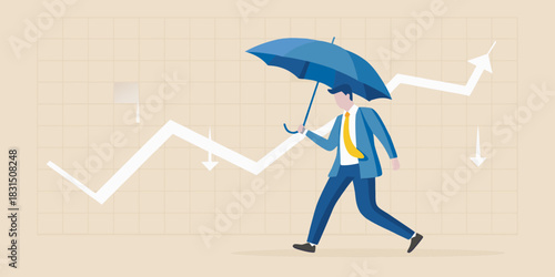 Businessman with umbrella navigating volatile market trends