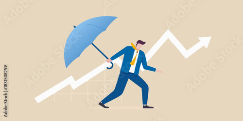 Businessman holding umbrella against upward trending graph