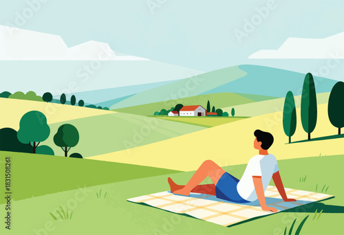 A person reclines on a picnic blanket, gazing at a rural landscape of fields, trees, clouds, and houses