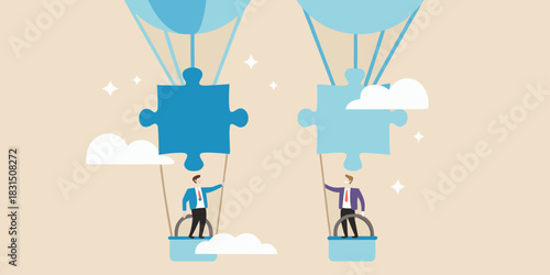 Businessmen in hot air balloons carrying puzzle pieces towards success