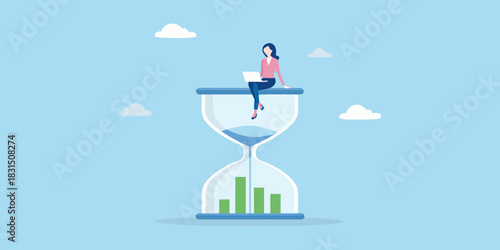 Woman working on laptop on hourglass with growing bars