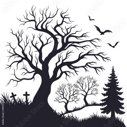 Spooky bare trees gravestones and flying birds silhouettes