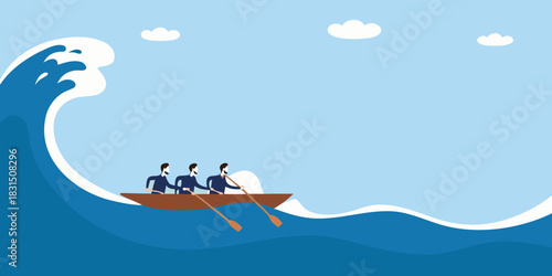 Teamwork in a rowboat facing a giant wave