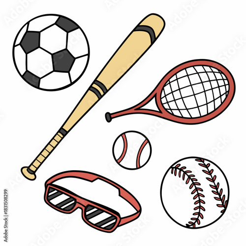 Sports equipment collection soccer baseball tennis and sunglasses