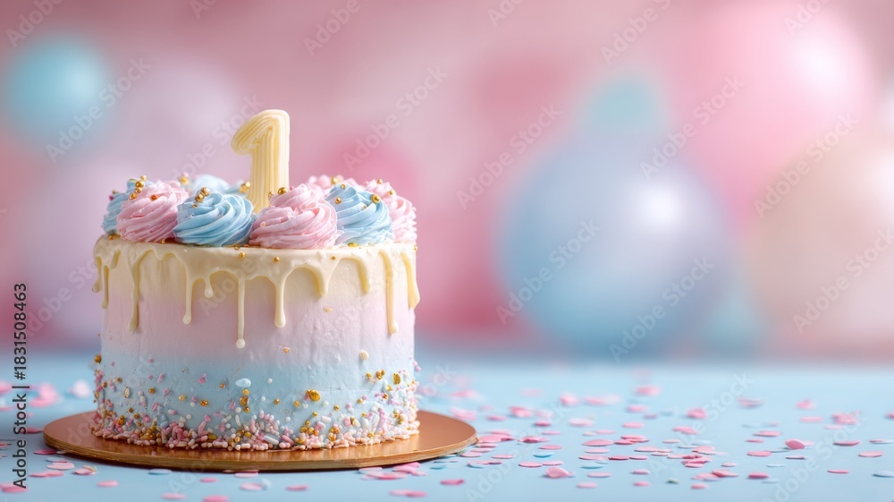 Obraz premium First birthday cake with colorful frosting and candles on pastel background for baby celebration, party decor, and milestone photoshoot