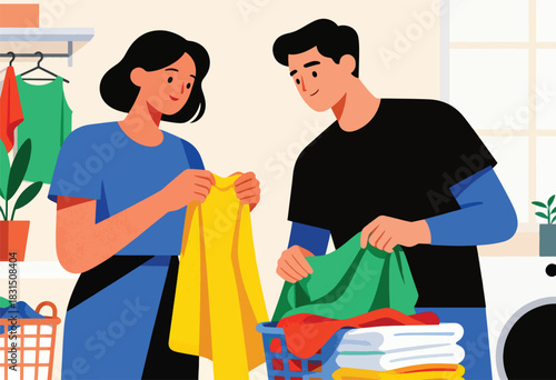 A couple sorts laundry in a well-lit laundry room. Colorful clothes are stacked in a basket and drying on a rack