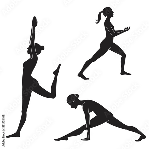Three black female yoga pose silhouettes on white background