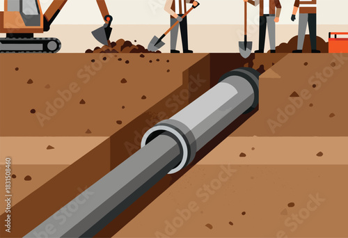 A cross-section of a construction site. Shows a pipe buried in the ground and workers involved