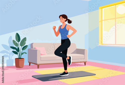 A woman exercises indoors on a mat, near a window with sunlight, plant, and sofa. Modern interior