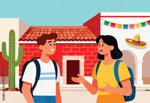Illustration of two people with backpacks conversing in front of Mexican architecture, sombrero, and cactus