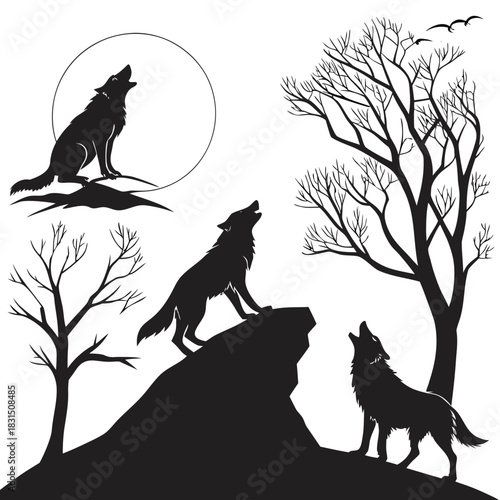Three black wolf silhouettes howling at moon and trees
