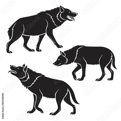 Three black wolf silhouettes in different poses animal