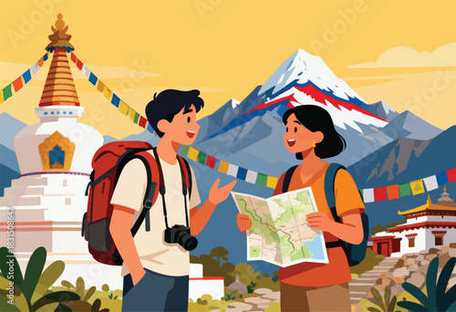 Illustration of two hikers in front of mountains with a map and religious structures