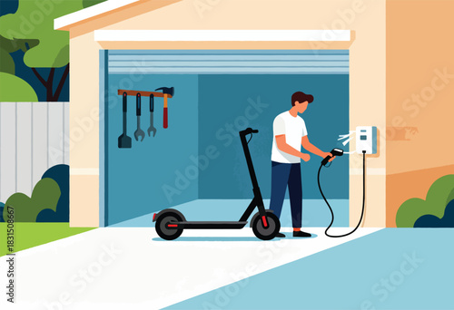 Illustration shows a man charging an e-scooter in a garage, with tools on the wall, and greenery around