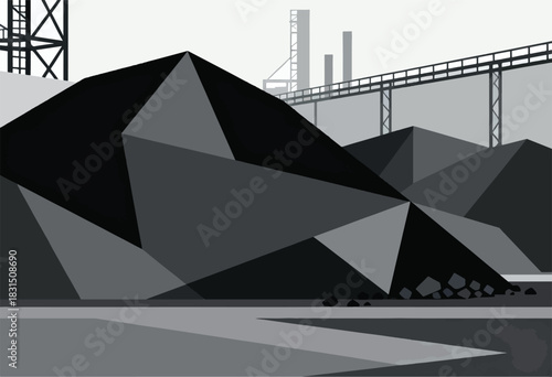 Monochromatic illustration of a landscape with industrial structures, geometric shapes, and a waterway