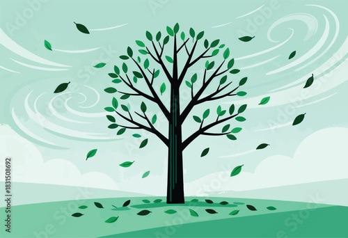 Stylized illustration A tree in a field with falling leaves during a windy day. The sky swirls
