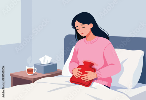 Illustration of a woman in bed, holding a hot water bottle to her stomach, and looking distressed