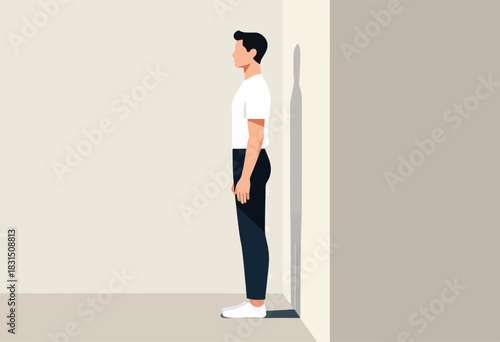 Illustration of a man standing against a wall. He is in profile, wearing a white shirt and dark pants
