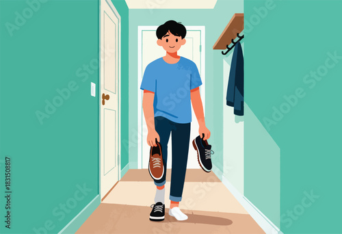 Illustration of a person holding shoes, walking down a hallway towards a door. A jacket hangs on the wall