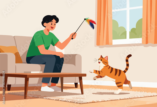 A person plays with a striped cat using a toy with feathers. They are indoors. The cat jumps