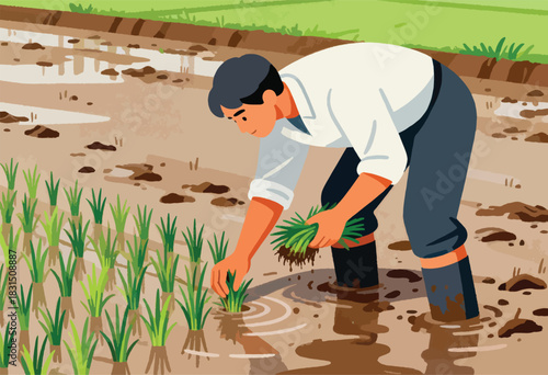 A farmer plants rice seedlings in a muddy field. The scene depicts agricultural labor in a vibrant, illustrative style
