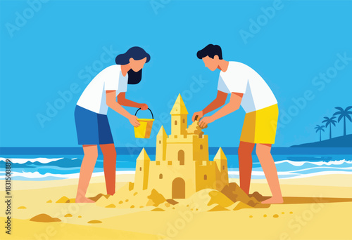Vector illustration of a couple building a sandcastle on a sunny beach, with the ocean and palm trees visible
