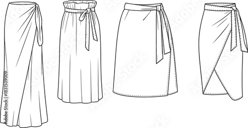 Wrap skirt fashion flat sketch collection, tied waist midi and maxi designs, CAD drawing flat vector illustration for apparel design