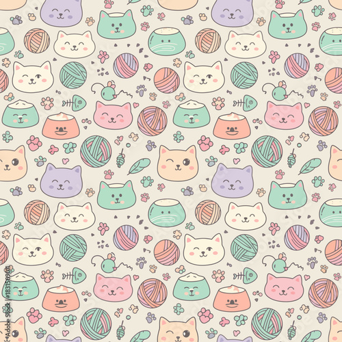Cute kawaii sewing notions seamless pattern with colorful buttons thread spools pins in pastel tones for craft fabric textile design