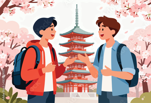 Two young men with backpacks, chatting in front of a traditional Japanese pagoda and cherry blossoms