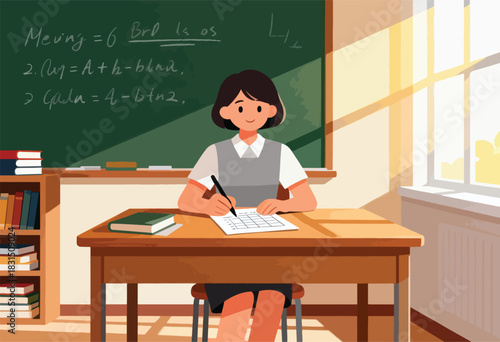 A young student sits at a desk in a classroom, writing on a worksheet with a chalkboard behind