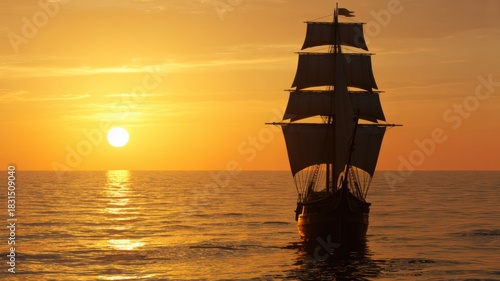 A tall ship sailing on the ocean during a vibrant sunset with a bright yellow sky in the background
