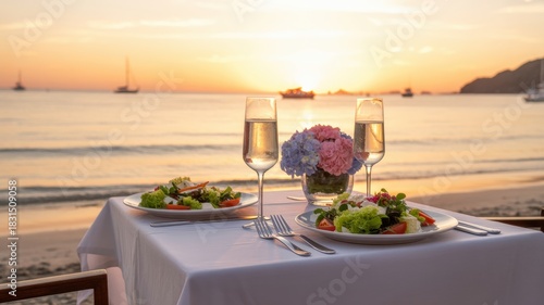 Romantic dinner setup on the beach with champagne and salad at sunset with ocean view and boats