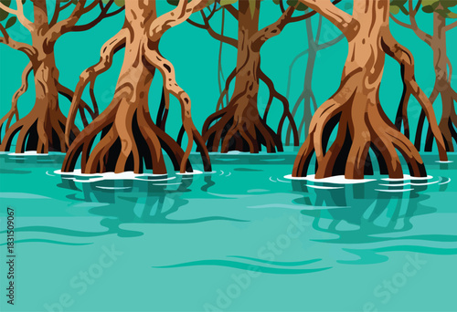 Stylized illustration of mangrove trees in calm turquoise water, with roots partially submerged