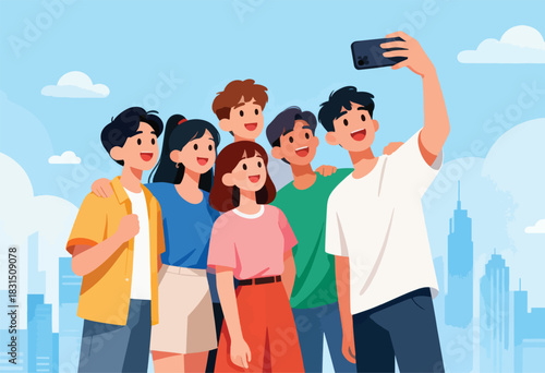 A diverse group of friends takes a selfie with a city skyline in the background