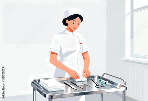 A nurse in white uniform prepares medical tools on a tray in a sterile room. She is looking down